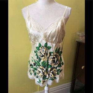 Karen Kane NWT Pretty Cream Silk Cami w/Floral Design in Green, Yellow & Black 8